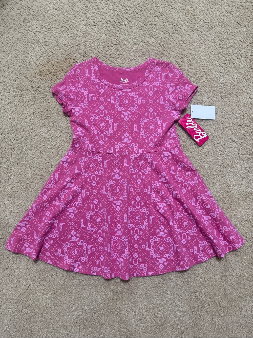Barbie Girls Print Scattered Dress With Short Sleeve Pink New Sz M (8)